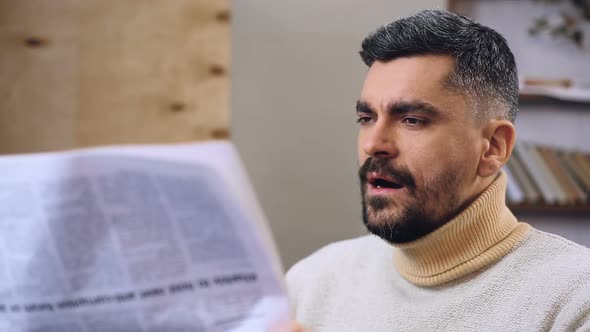 Sleepy Bearded Man Trying to Read Daily Newspaper, Boring News, Routine Life alt