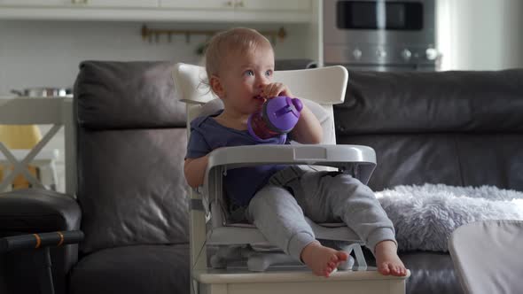 Cute Kid with Baby Straw Feeding Cup Sitting in Booster Seat One Year Old Toddler Watching Tv alt