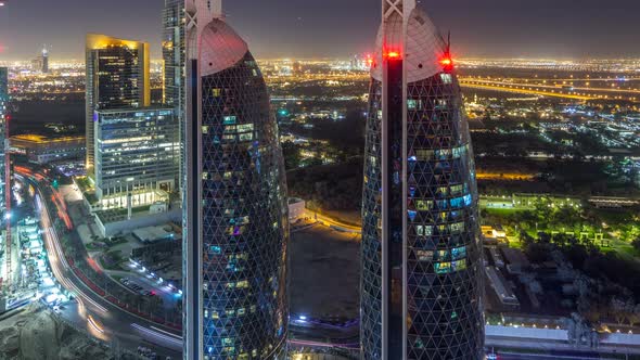 Skyline View of the Buildings of Sheikh Zayed Road and DIFC Night Timelapse in Dubai UAE alt