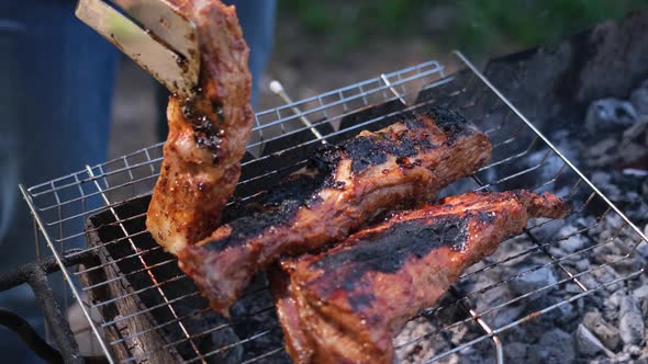 Flipping Delicious Beef or Pork Ribs Frying on a Charcoal Grill with Tongs alt