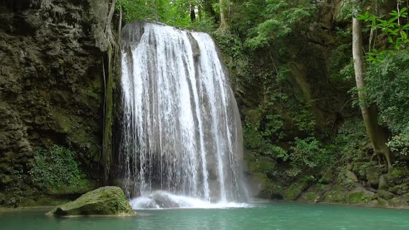 Erawan waterfall third level in National Park, Kanchanaburi, Thailand - slow motion