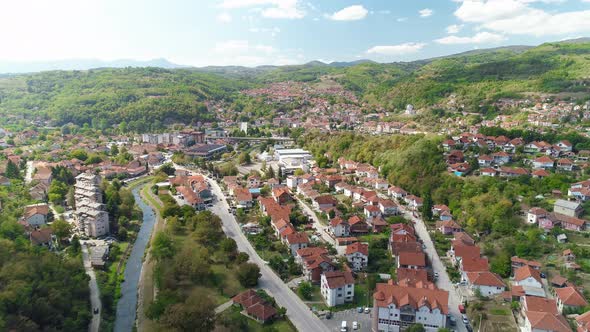 Small Town In Southeastern Europe Drone Shot Sunny Day