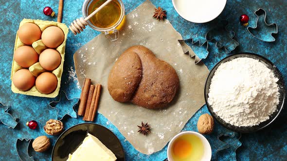Gingerbread Dough Placed Among Various Ingredients. Christmas Baking Concept alt