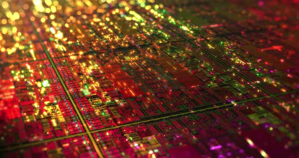 Futuristic microchip processors on wafer with data neon lights.