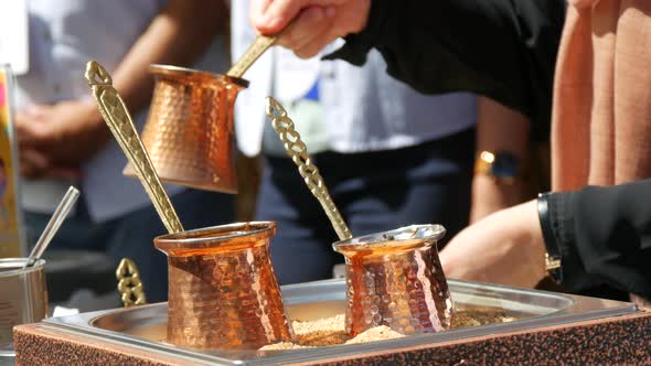 Four Copper Coffee Turks Brew Turkish Coffee on the Sand