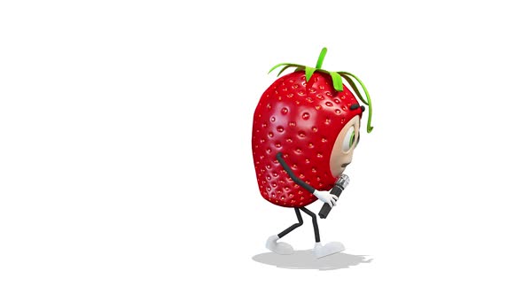 Strawberry Singing Or Talking With Microphone on White Background alt