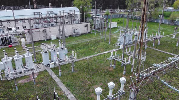 Aerial view of old rural high-voltage electrical railways substation.