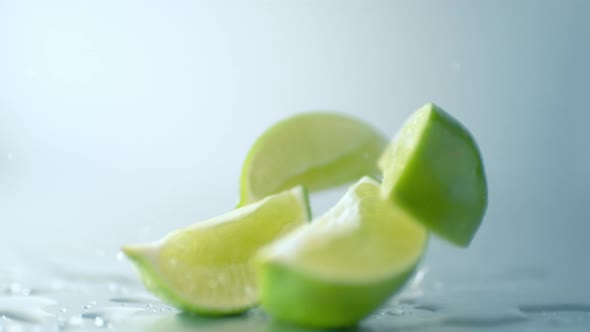 Camera follows a lime falling into wedges on wet surface. 4K 30fps. Slow Motion. alt