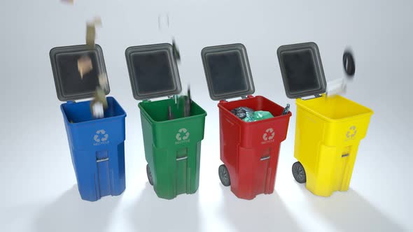 Timelapse with all kind of garbage approaching to colorful, plastic trash bins. alt