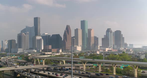 Aerial of cars on 45 North freeway near downtown Houston alt