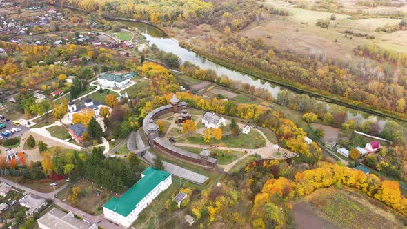 Aerial Panoramic View of Ukraine Wooden Fortress in Baturin at Autumn