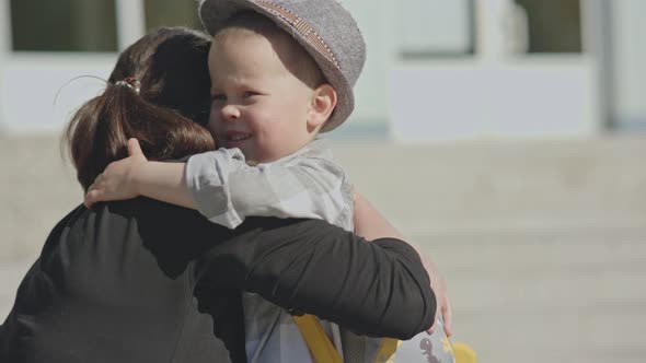 Back To School Concept Mother Sending Baby Boy Child To School First ...