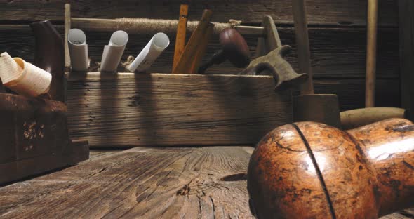 Vintage joinery workbench. with tampers, chisels and planes. alt
