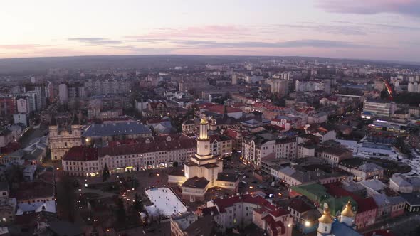 Aerial Sunset View of the Center of Ivano Frankivsk City in the Evening, Ukraine, Old Historical alt