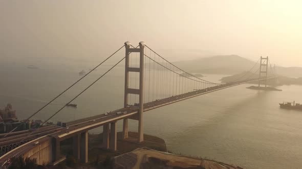 Tsing Ma Bridge. Highways in Hong kong. Architecture in transportation and travel in urban city alt