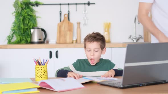 Smart Boy Student Listen to Online Lesson on Laptop alt