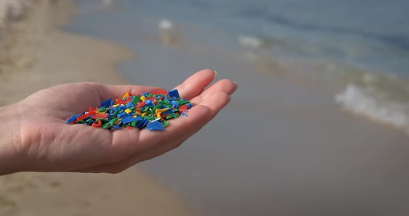 Microplastic in wildlife. A woman show microplastic from her hand. alt