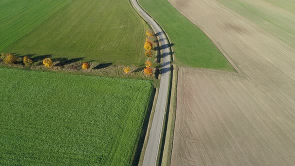 Aerial view of car driving on country road alt