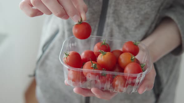 A Person Shows Ripe Red Cherry Tomatoes Grown on a Plantation for Commerce in a Greenhouse for Sale