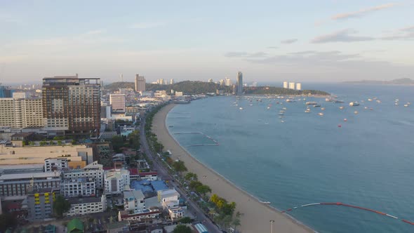 Aerial view of Pattaya sea, beach in Thailand in summer season, urban city with blue sky alt
