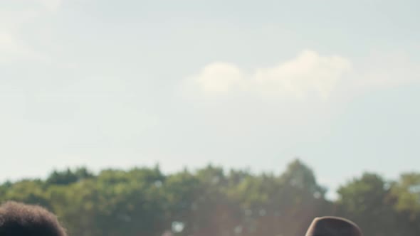 Group of people making a cheers at the music festival alt