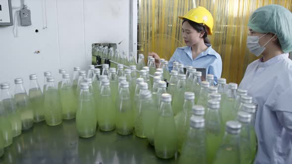 Asian Female supervisor inspecting bottle of herb drink production line alt