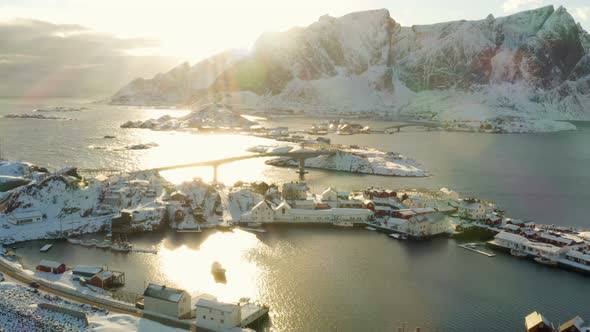 Lofoten Islands Mountains Sunrise Aerial Panorama alt