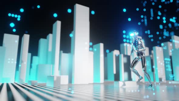 A person wearing vr glasses runs in a virtual world. alt