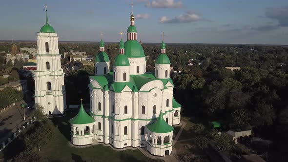 Aerail view to Cathedral Nativity Blessed Virgin in Kozelets, Chernihiv region, Ukraine