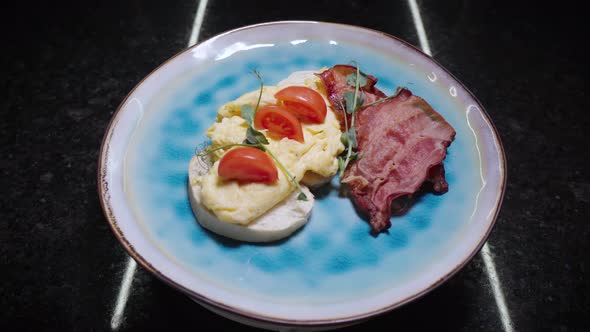 Scrambled Eggs with Bacon Toast and Vegetables