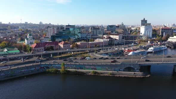 Aerial View Of The Podil. City Traffic In Kiev