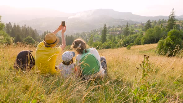 Young Parents Caucasian Baby Travel Mountain Vacation Time Together Holiday Park Phone Photo alt