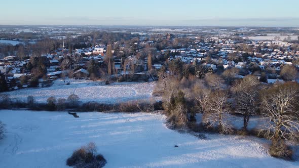 Aerial Snow Scene Kenilworth Town In Winter
