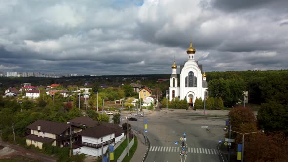 Kharkiv city cathedral aerial. Scenic street view