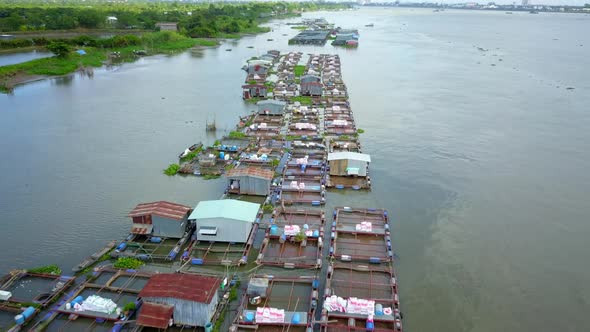 Mekong River Vietnamese Fish Farming Aerial Flyover