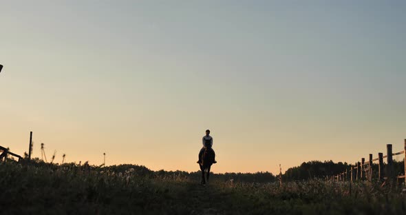 Rider Gallops on a Country Road in a Meadow on Camera alt