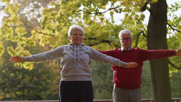 Senior Caucasian Couple Doing Exercises Together in the Park Happy Retirement Healthy Lifestyle alt