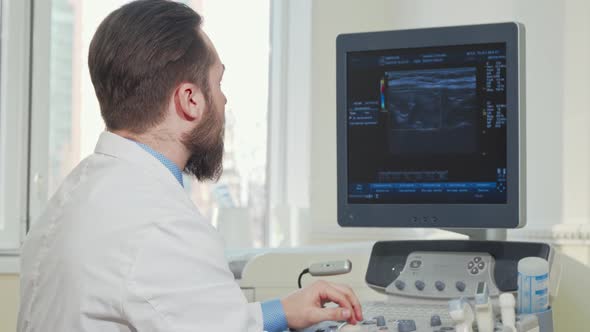 Male Doctor Examining Results of Ultrasound Scanning of a Patient alt