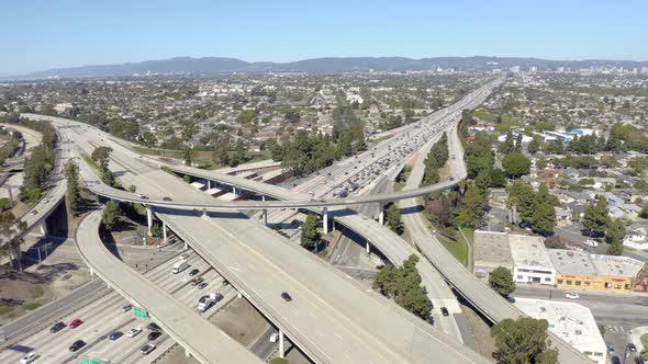 Drone footage of top view of Highway road junctions.  alt