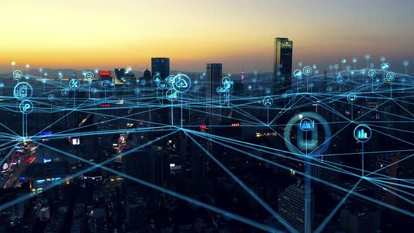 smart Connected city skyline. Futuristic network concept, city Technology. alt