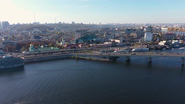 Aerial View Of The Historical Part Of Kiev - Podil. City Traffic In Kiev