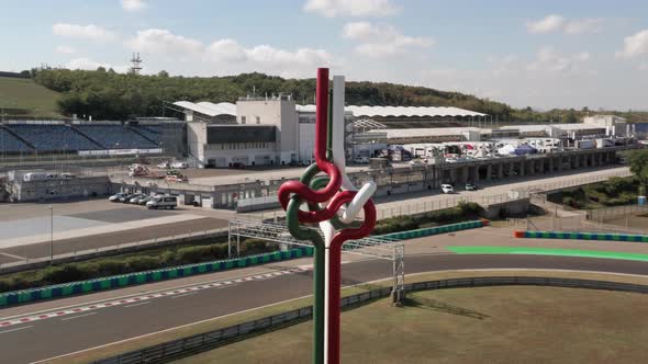 Aerial view of Hungaroring race track statue sign on circuit