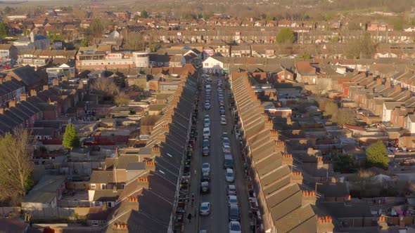 Aerial View of Terraced Working Class Housing in Luton at Sunset alt