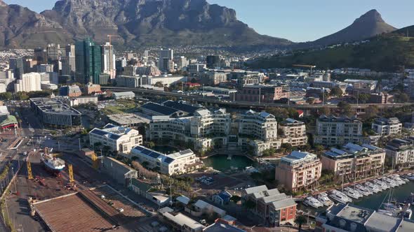 Flying towards the marina district with iconic Table Mountain.