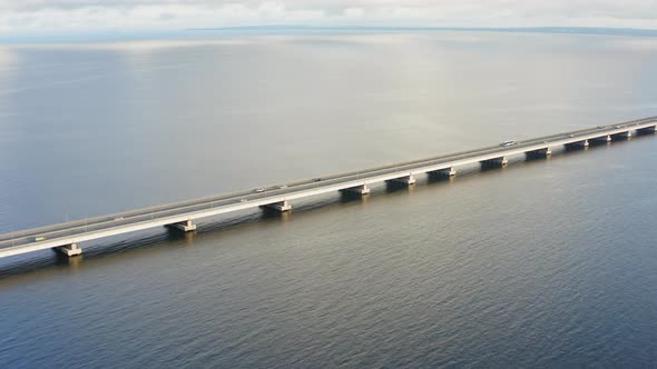 Drone View of a Modern Lowwater Bridge Across the Sea in Vladivostok alt