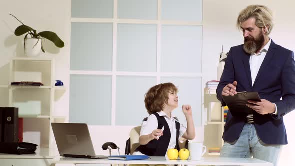 Little Boy Dreaming About Businessman Profession, Childhood and Dream Concept, Team Job alt