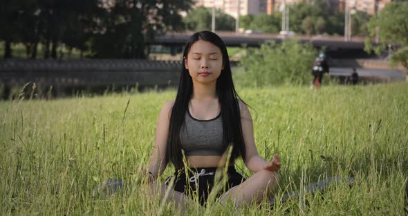 Young Asian Woman Was Sitting in Yoga in the Garden She Was Relaxed and Enjoyed the Workout