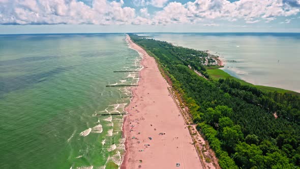 Flying above of peninsula Hel, Baltic sea in Poland alt