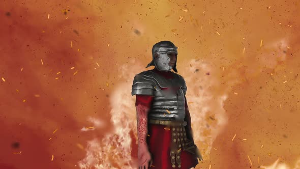 Roman Soldier Wearing Full Armor Standing In Middle Of Fire alt