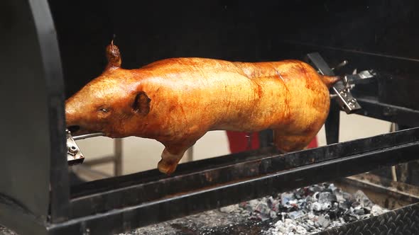 The traditional way of cooking a young piglet on the grill